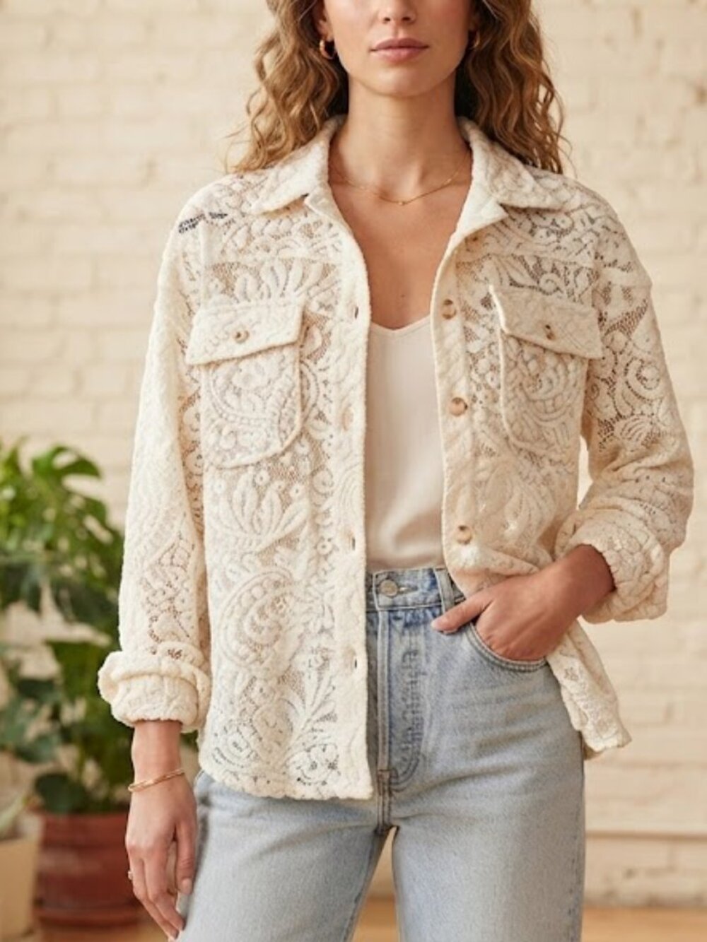 Dex Ivory Crochet Lace Button-Up Blouse